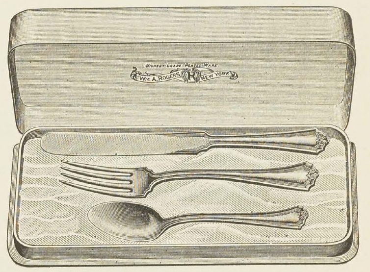 Catalog evidence for Wm. A. Rogers — Raleigh — Child’s Set; 3 pieces; knife, fork and spoon; in lined box