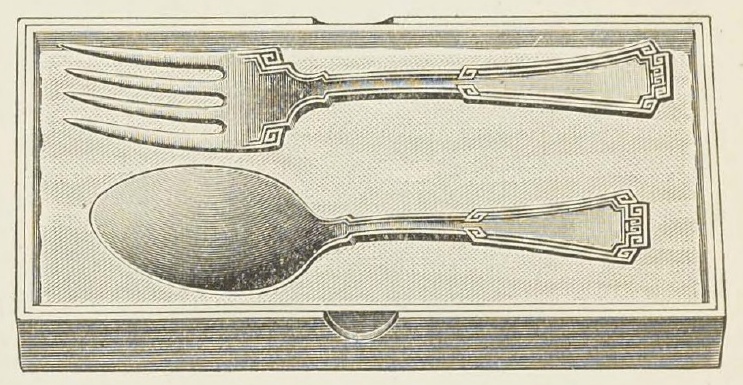 Catalog evidence for 1881 Rogers — Grecian — Educator Set; short handle baby spoon and fork; in lined box